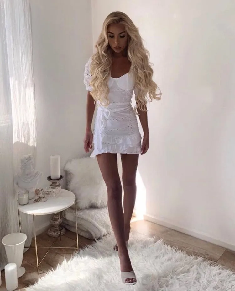Broderie Anglaise Wrap Over Self Belt Mini Dress