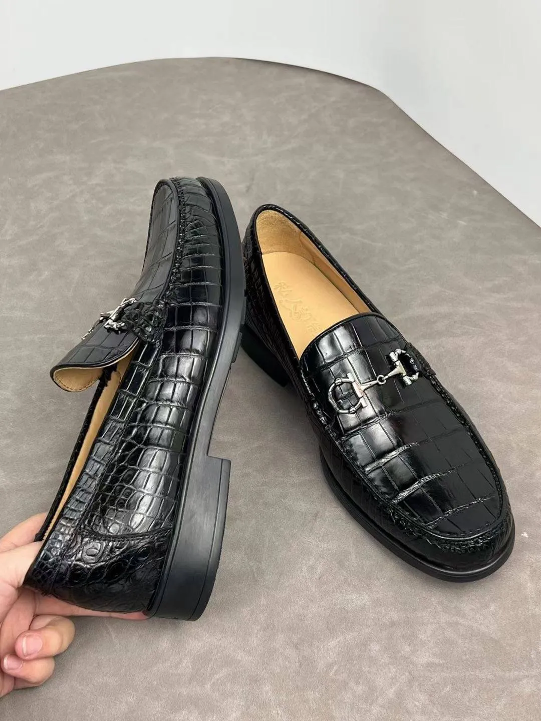 Crocodile Shoes Crocodile Loafer Slip-On Shoes  Black