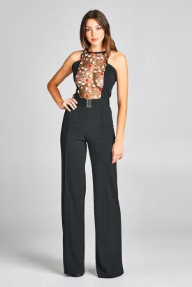 Embroidered Lace Top Jumpsuit With Belt Detail