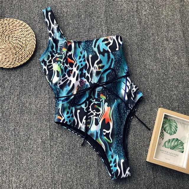 In-X Sexy Leopard one piece swimsuit One shoulder bikini 2019 High cut swimwear women monokini Padded bathing suit New bodysuit