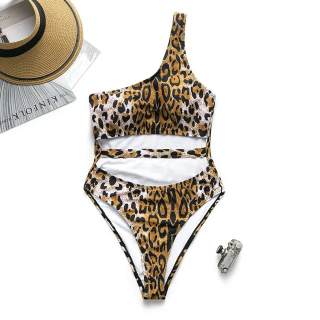 In-X Sexy Leopard one piece swimsuit One shoulder bikini 2019 High cut swimwear women monokini Padded bathing suit New bodysuit