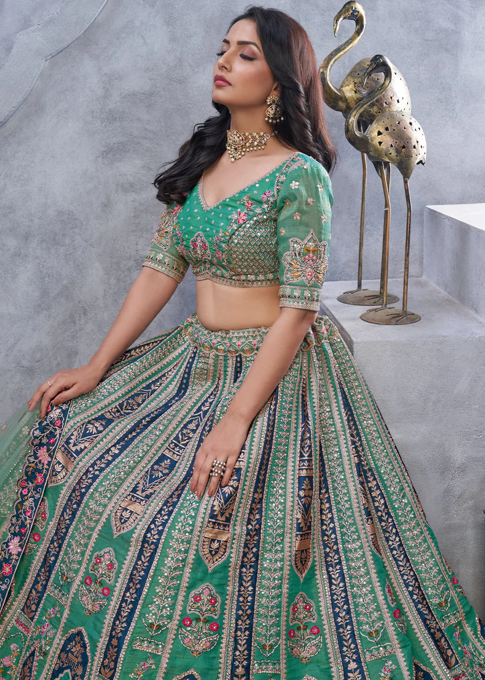Jade Green Lehenga Choli with Intricate Paisley Designs and Embroidery on Organza Silk