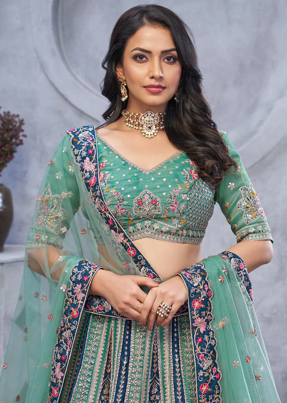 Jade Green Lehenga Choli with Intricate Paisley Designs and Embroidery on Organza Silk