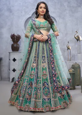 Jade Green Lehenga Choli with Intricate Paisley Designs and Embroidery on Organza Silk