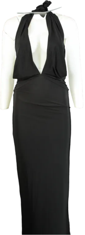PrettyLittleThing Black Slinky Extreme Plunge Maxi Dress UK 6