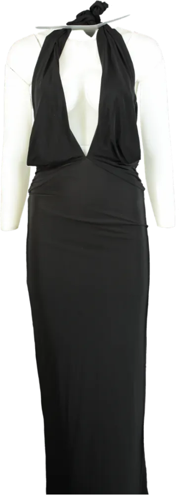 PrettyLittleThing Black Slinky Extreme Plunge Maxi Dress UK 6