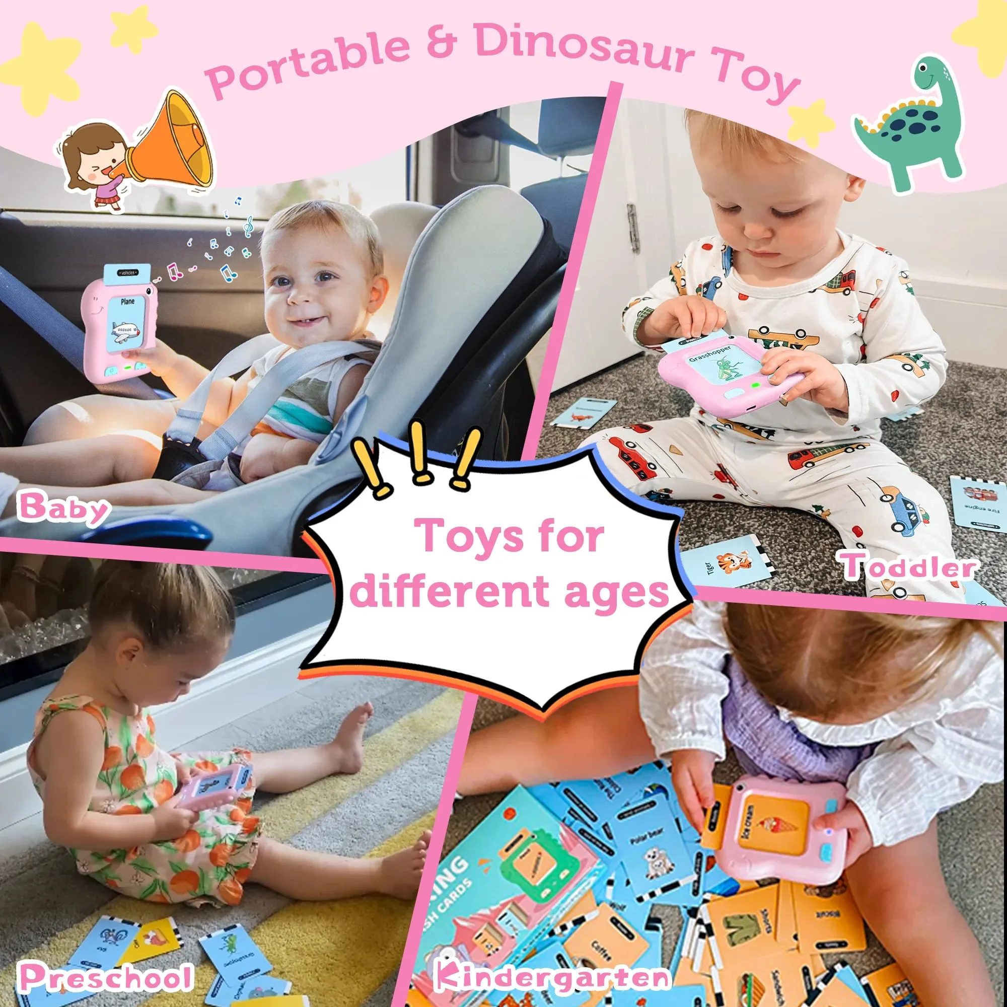 Richgv Upgraded Talking Flash Cards, Big Button Toys for 1 2 3 4 5 6 Years Girls, Educational Games for Toddlers, Preschool Learning Toys for Kids, Dinosaur Toys Christmas Gifts