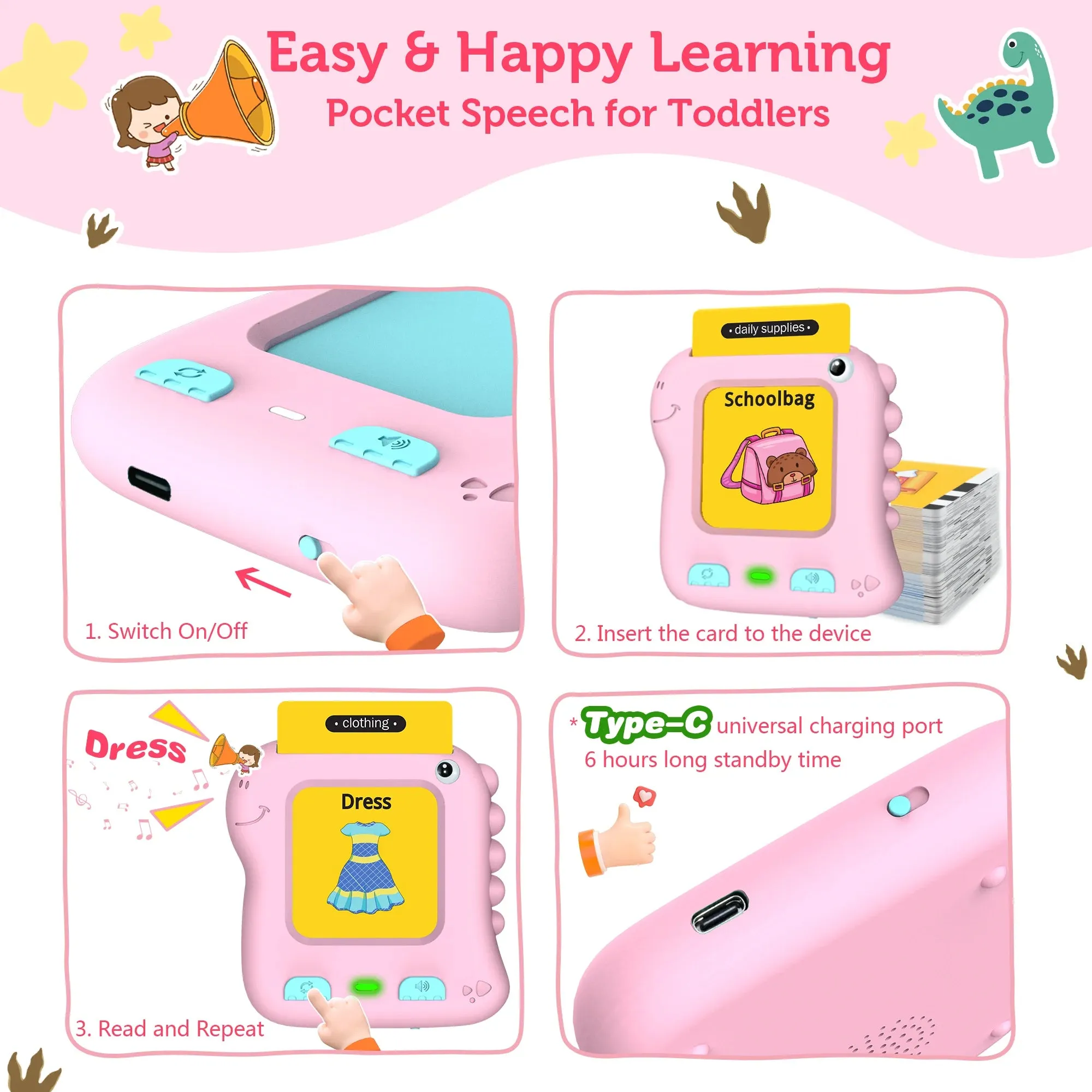 Richgv Upgraded Talking Flash Cards, Big Button Toys for 1 2 3 4 5 6 Years Girls, Educational Games for Toddlers, Preschool Learning Toys for Kids, Dinosaur Toys Christmas Gifts