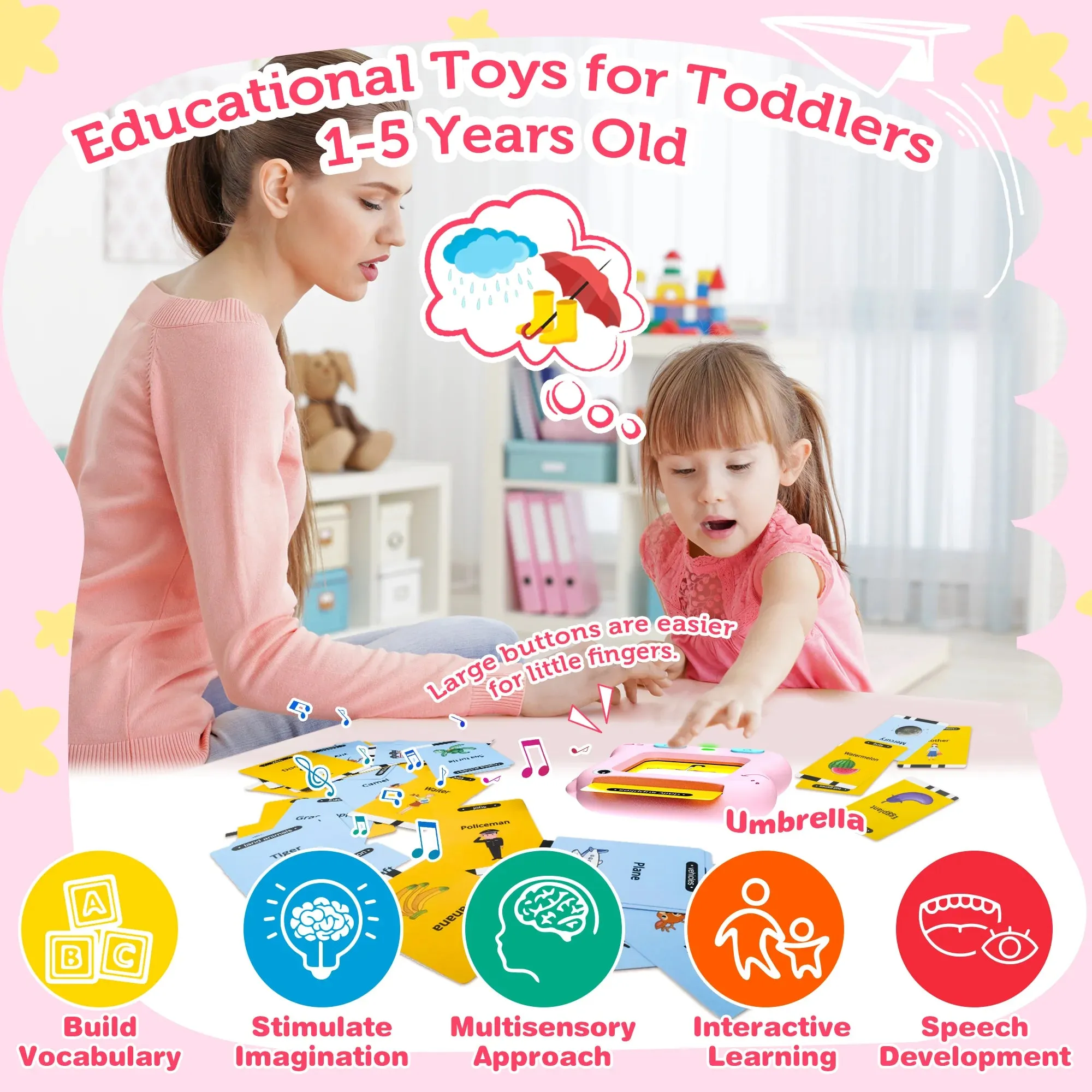 Richgv Upgraded Talking Flash Cards, Big Button Toys for 1 2 3 4 5 6 Years Girls, Educational Games for Toddlers, Preschool Learning Toys for Kids, Dinosaur Toys Christmas Gifts